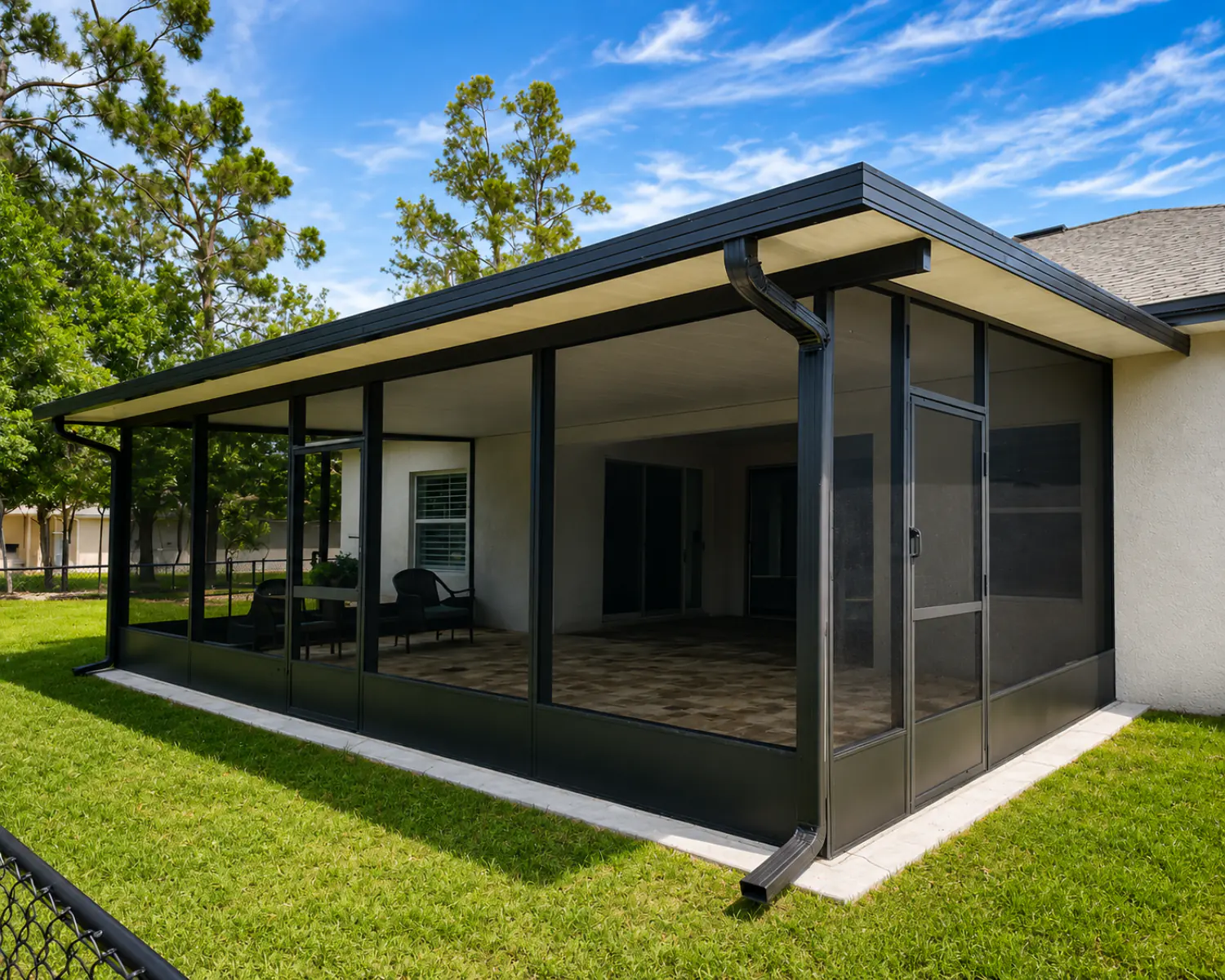 Screened patio lanai enclosure with dark aluminum frame and solid roof attached to a Florida home