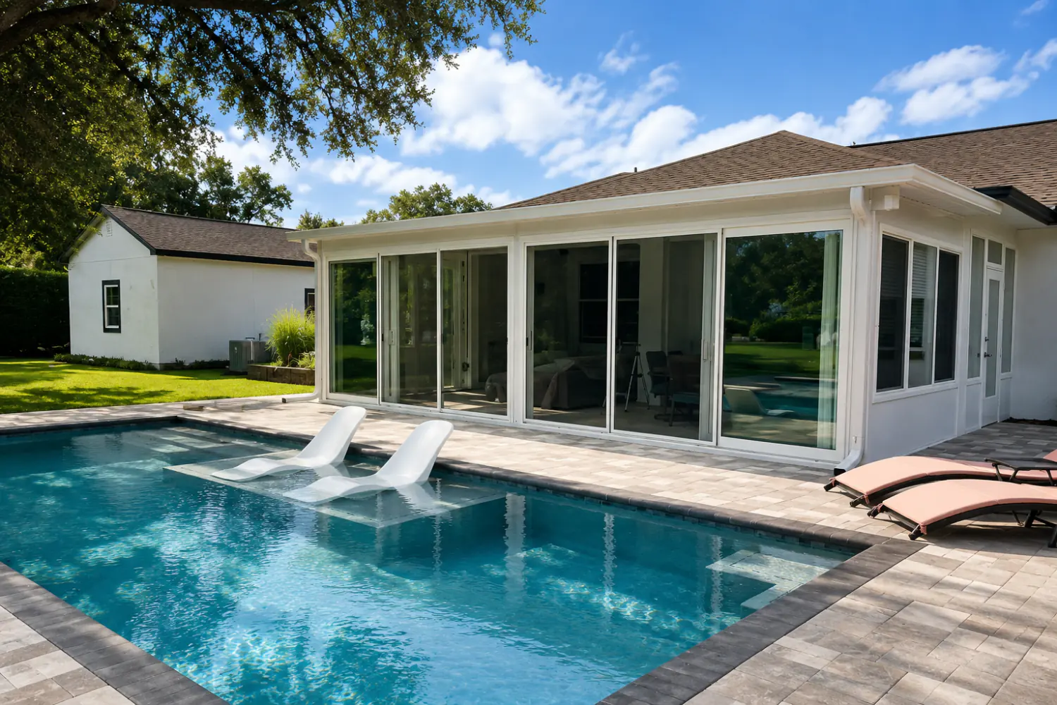 White-frame sunroom addition with floor-to-ceiling glass overlooking a paver pool deck in Florida